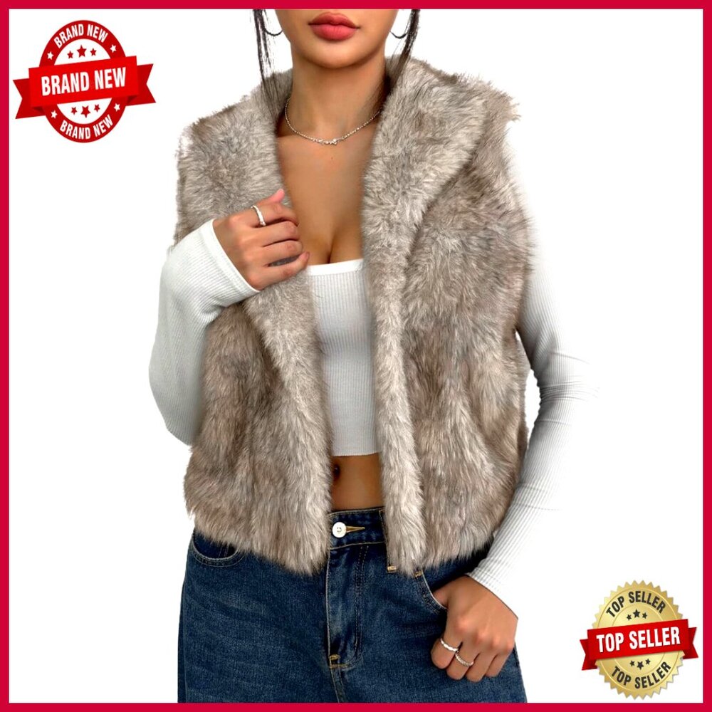 Faux Fur Vest Sleeveless Open Front Cardigan Slim Fit Winter Coat